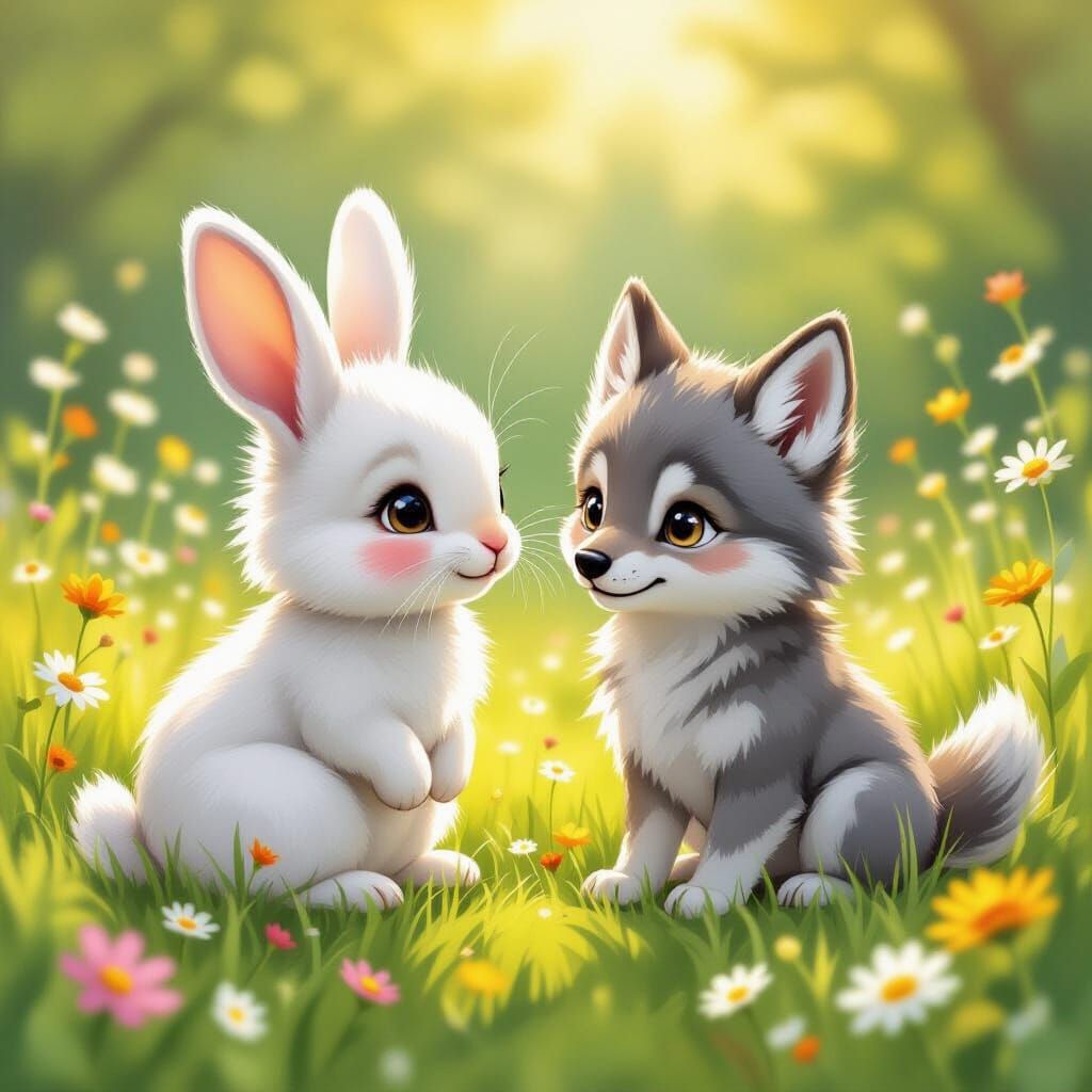 Baby Bunny and Wolf in Sun-Dappled Meadow