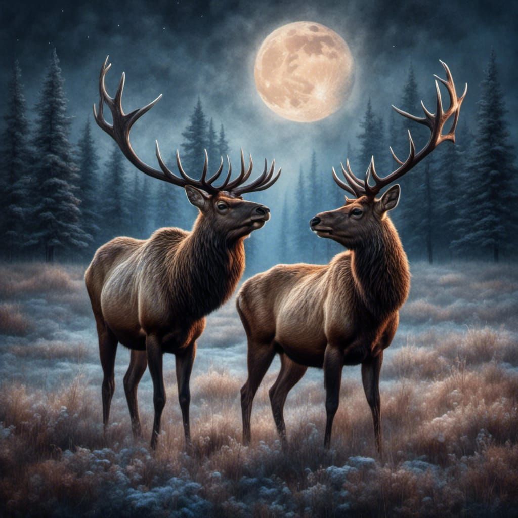 Romantic Elk Meadow Under Sparkling Moonlit Sky