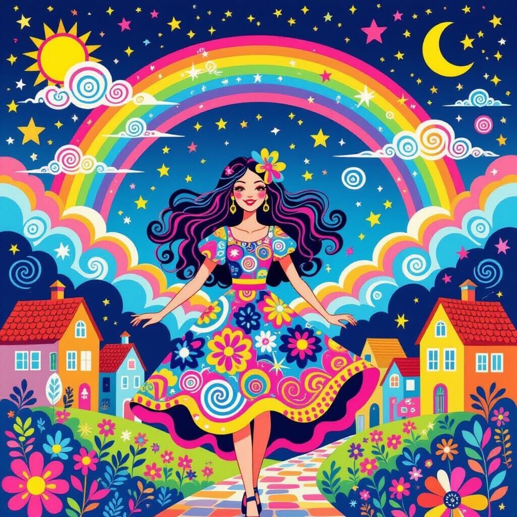 Lisa Frank Style Colorful Woman in Dream Village