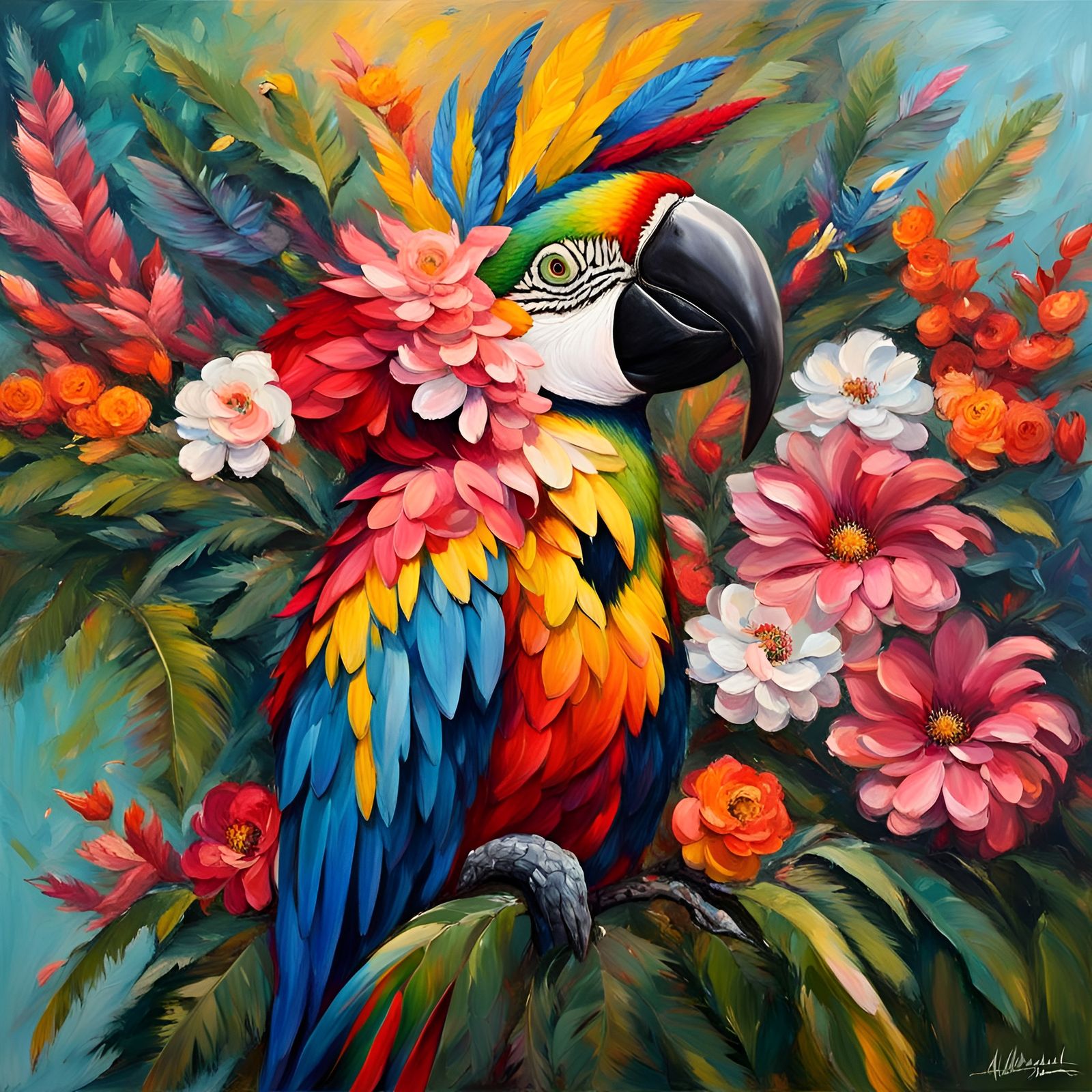 Macaw (palette knife and oil paints, thick impasto)