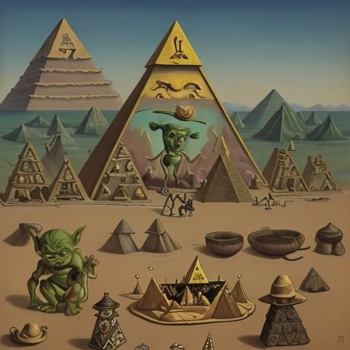 Goblin Yokai Build Pyramids in Surrealist Style