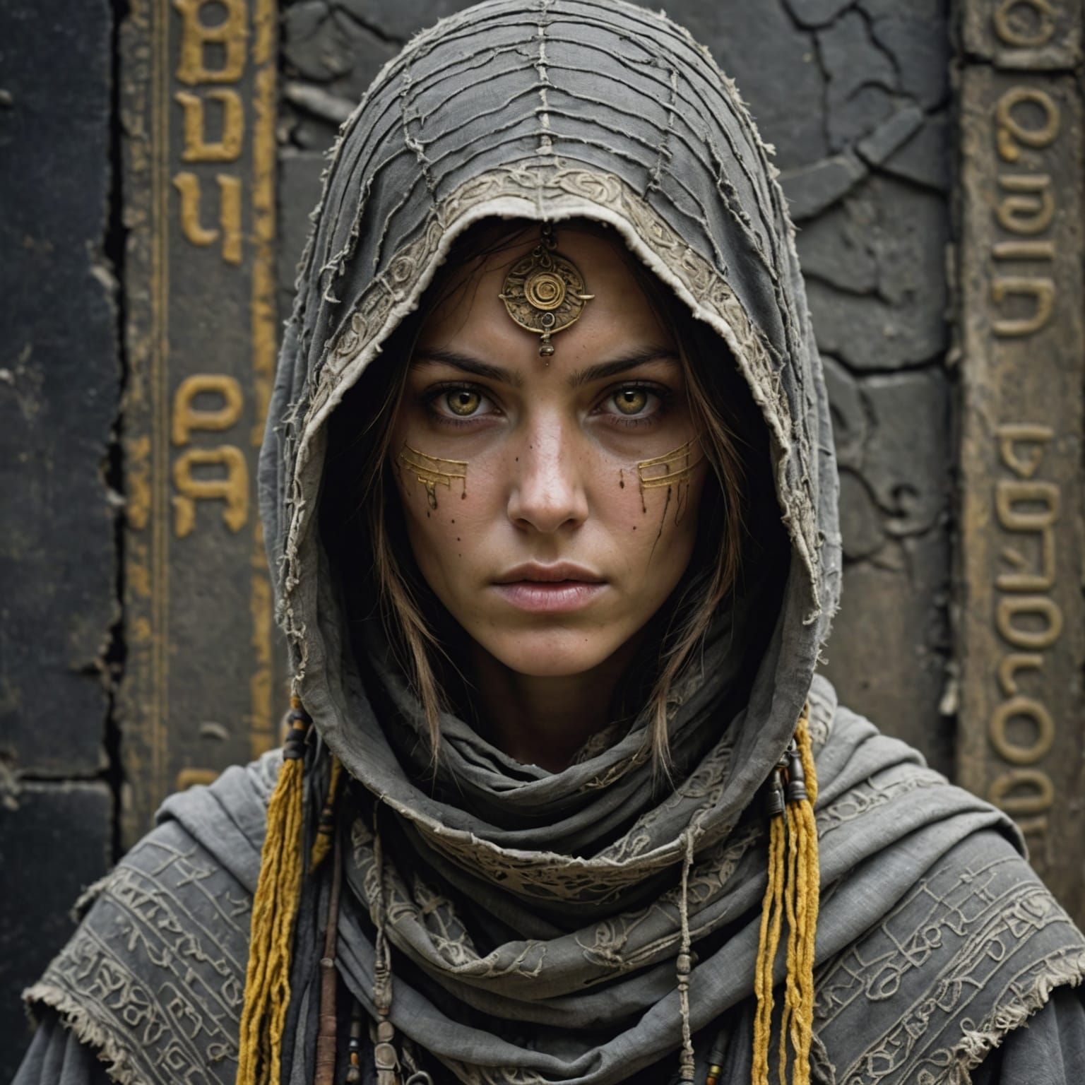 Mysterious Priestess in Ancient Script Fabric