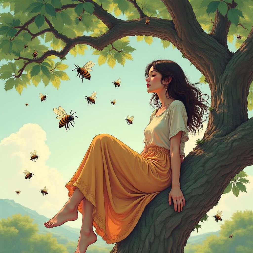 Woman in Tree with Bees: Digital Art Illustration