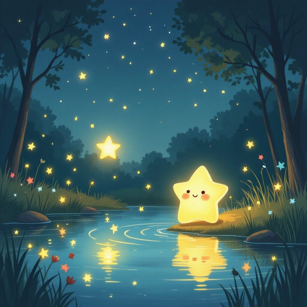 Glowing Star Dances by Pond at Night, Whimsical Illustration