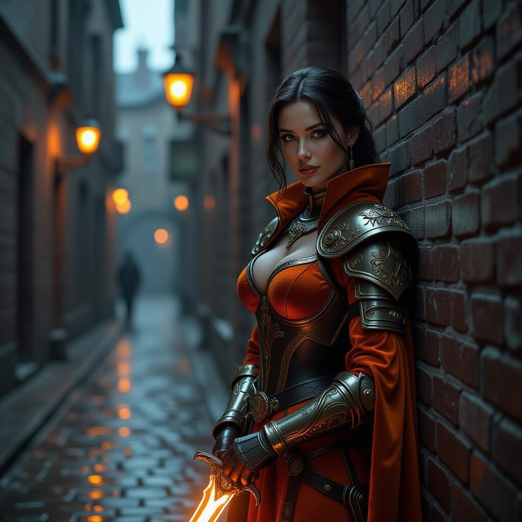 Futuristic Warrior in Orange Velvet Armor in Victorian Alley...