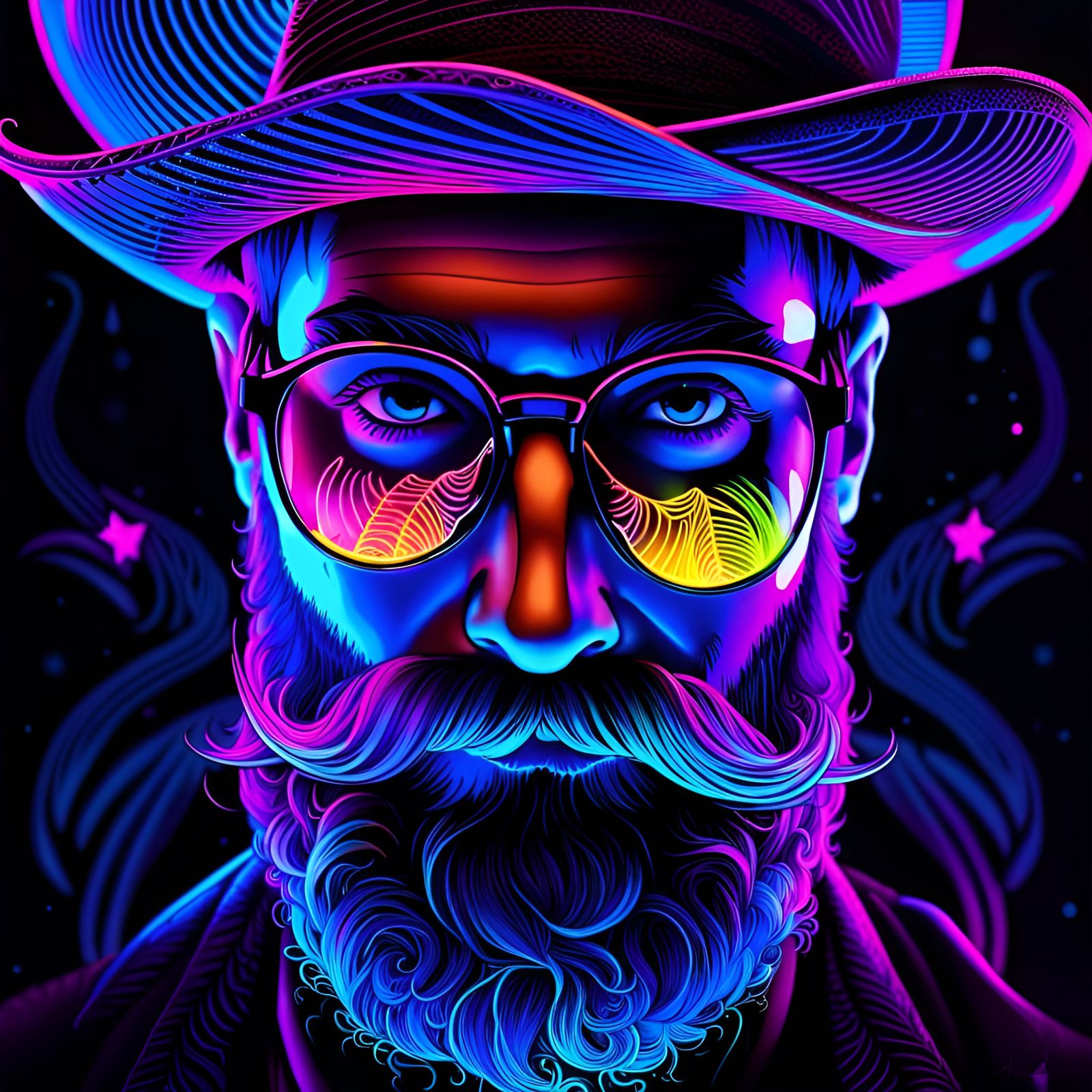 Neon Tattooed Hipster Portrait in Synthwave Style