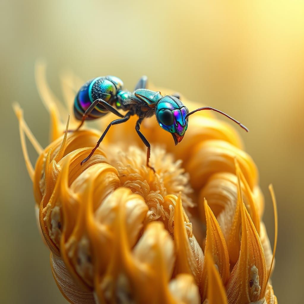 Iridescent Ant Devouring Wheat in Dreamlike Watercolor