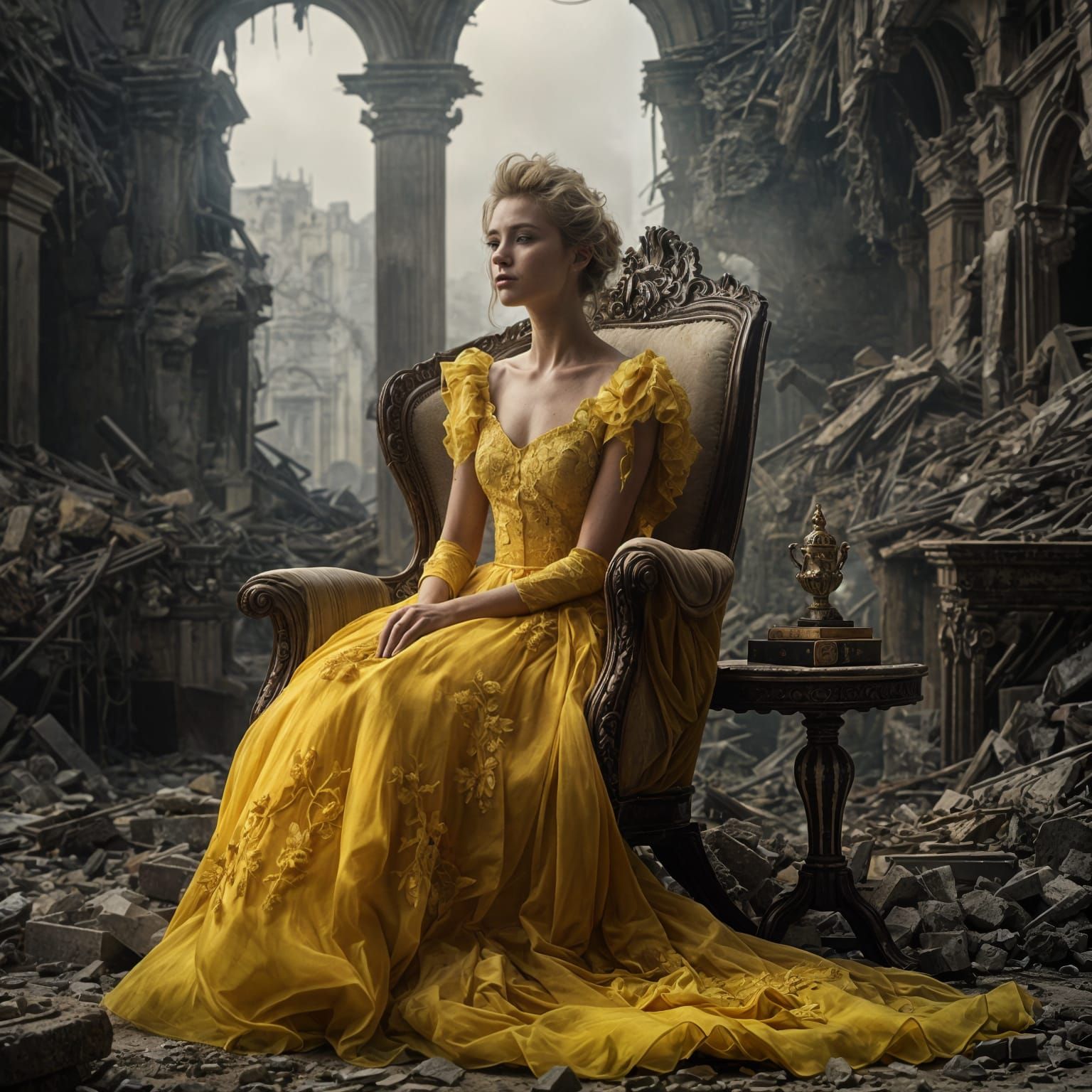 Woman in Yellow Gown Amidst Ruins