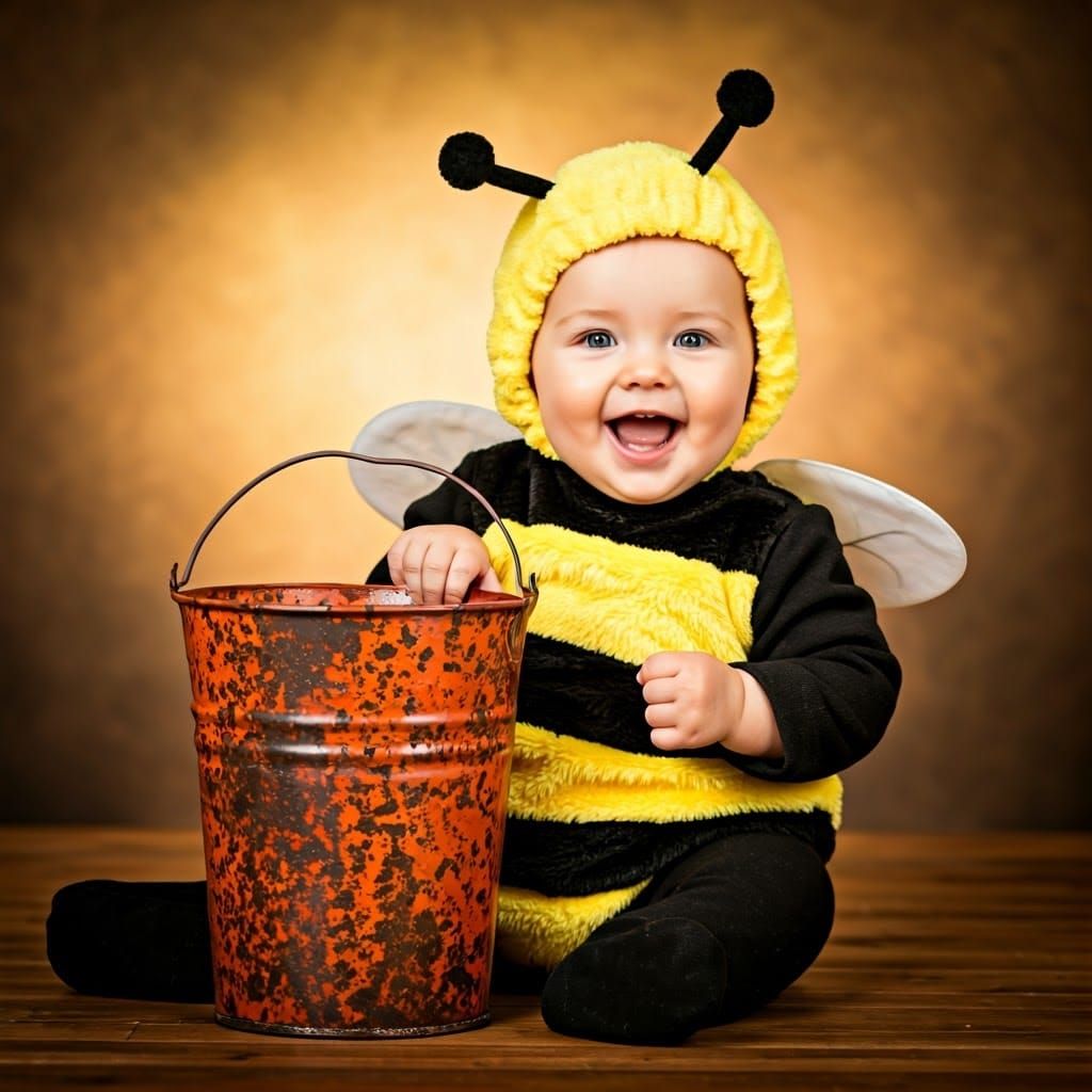 Baby in Bee Costume with Pumpkin Bucket