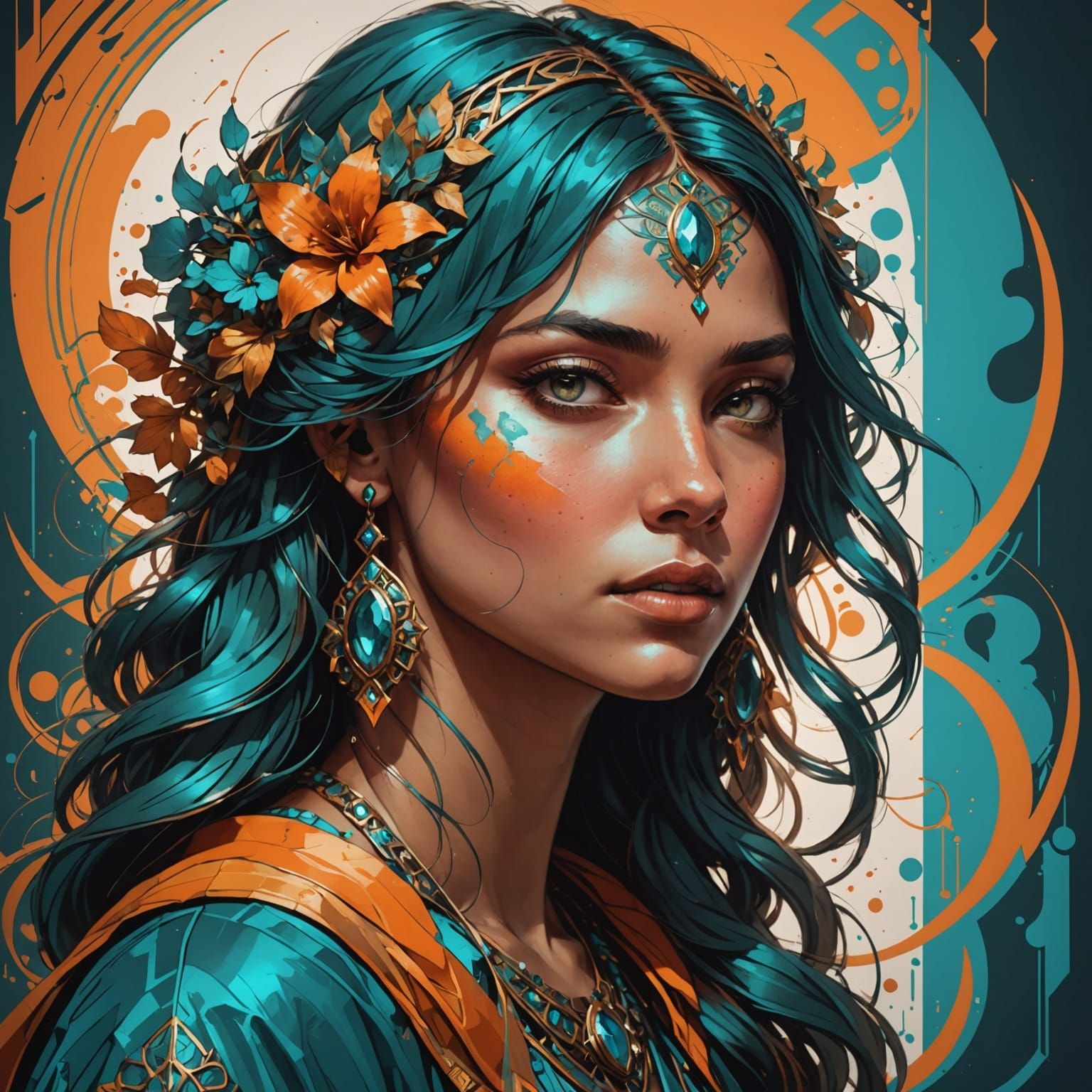 Intricately Detailed Portrait in Triadic Colors