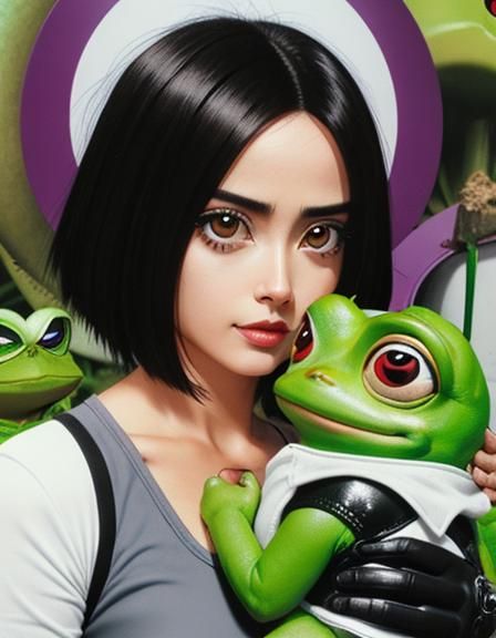 Pepe the frog saying hello to Battle Angel Alita