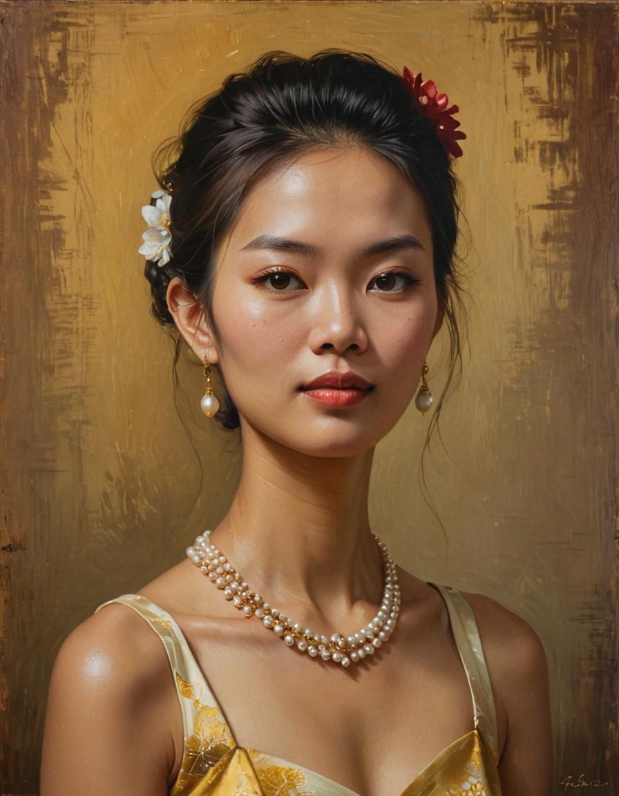 Elegant Thai Woman Portrait in Impressionist Oil Painting