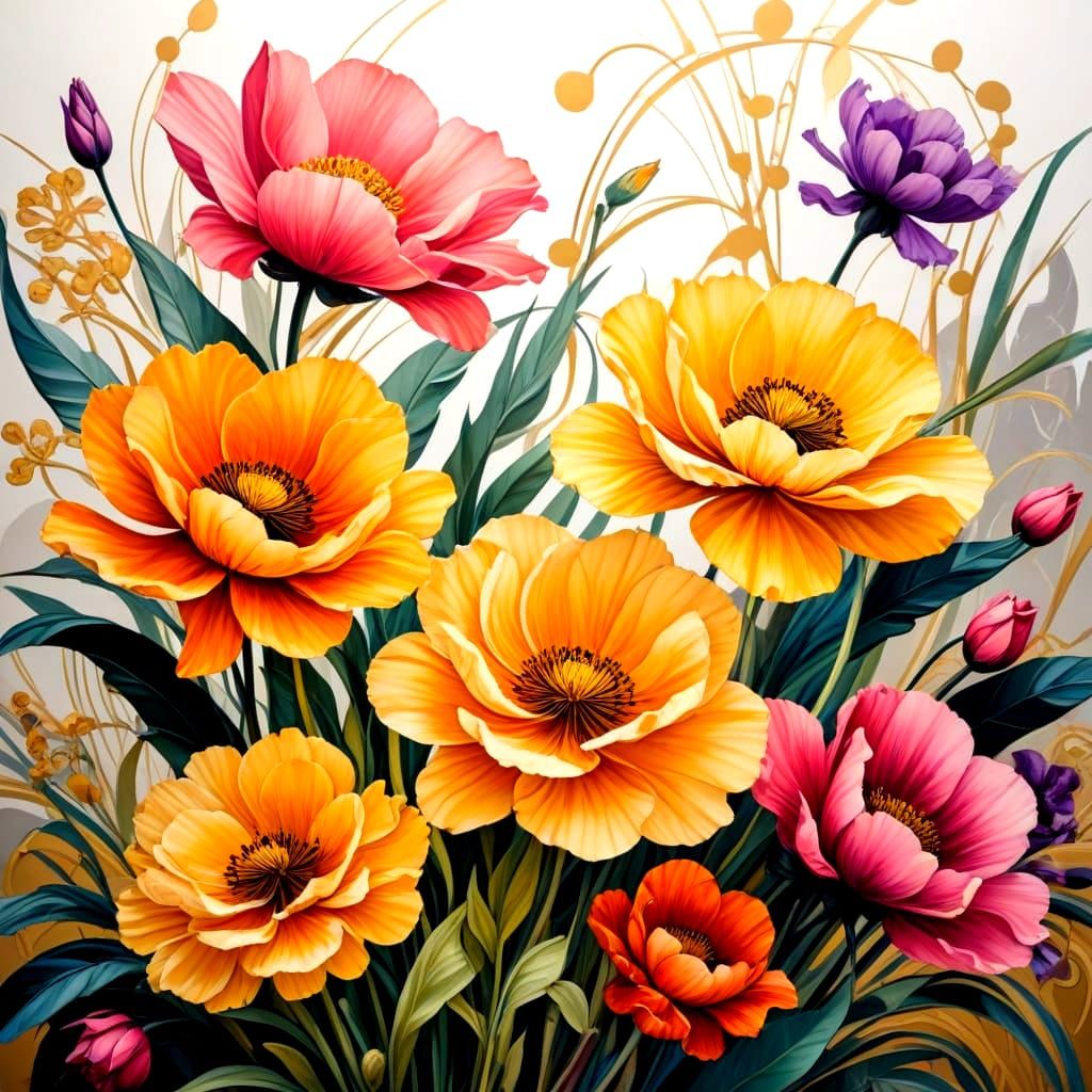 Vibrant Art Deco Florals in Electric Gold, Pink, and Purple