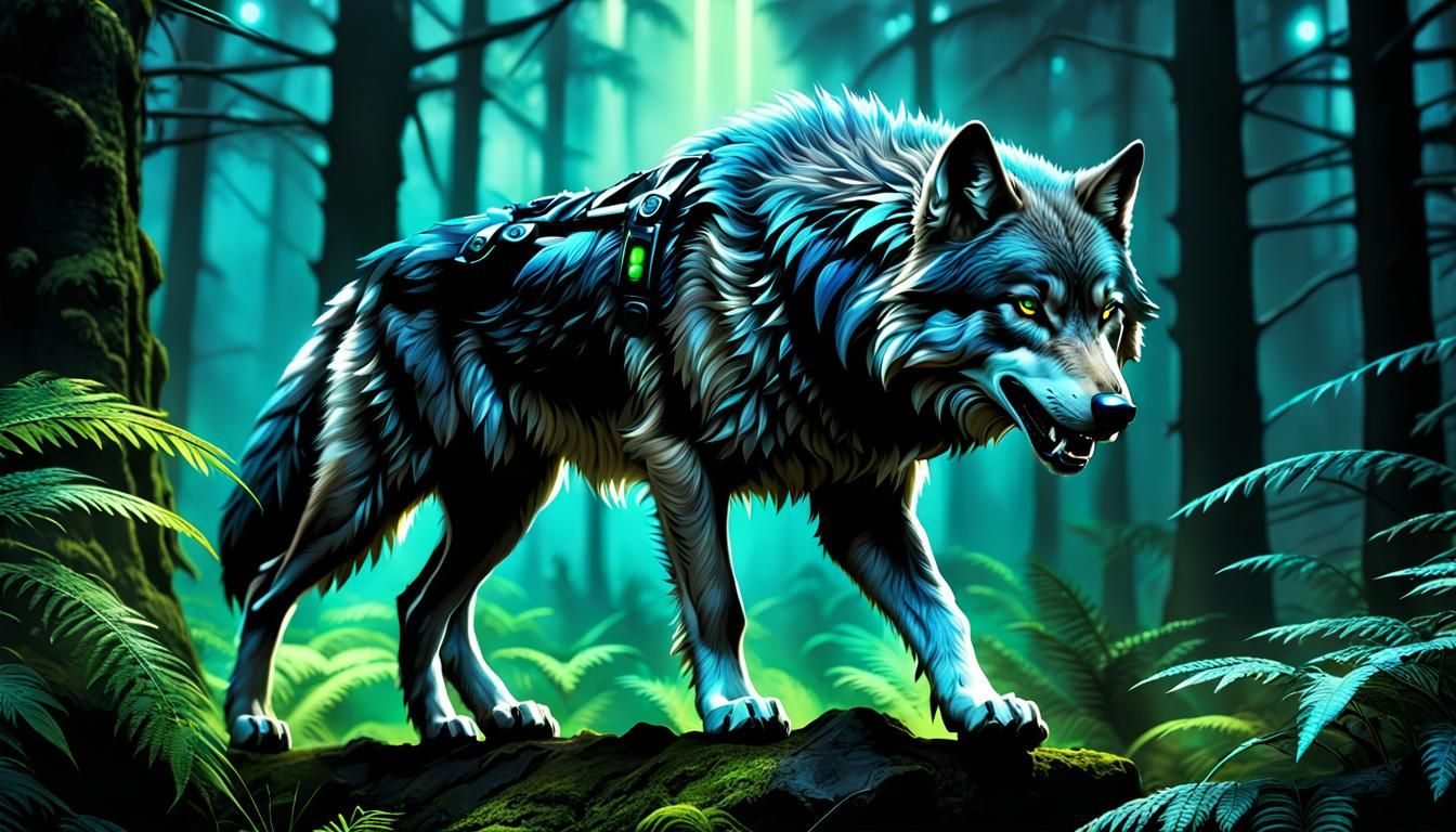 Energized Winter Wolf in Dark Jungle: Nuclearpunk Concept Ar...