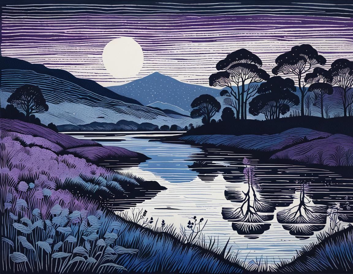 Hand-Colored Linoprint Landscape in Night Blue and Violet