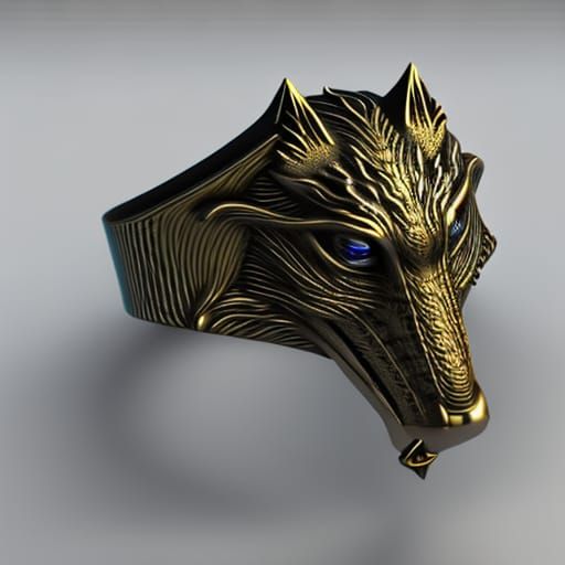 Ornate Metallic Wolf Head Ring in High Resolution