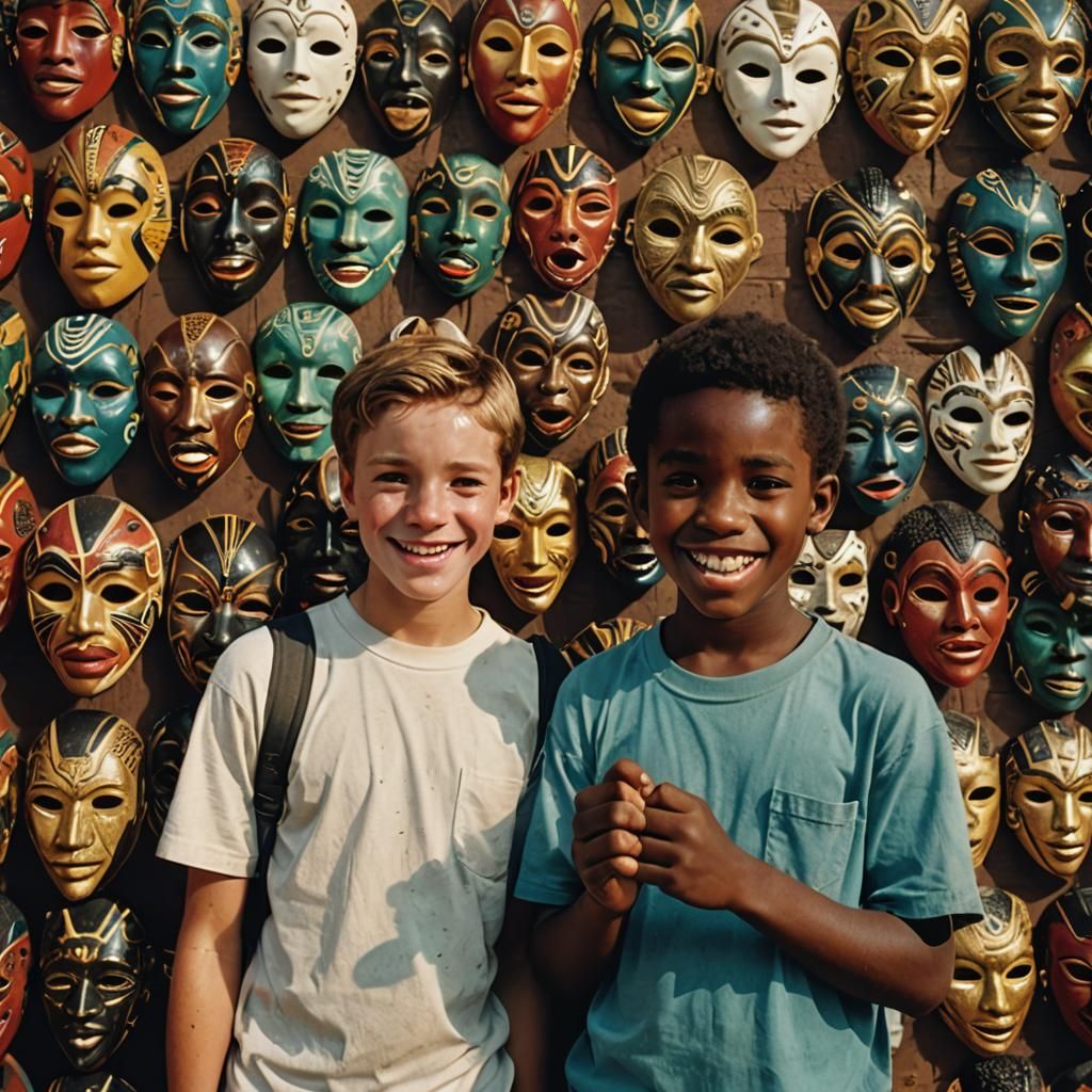 Boys Admire Colorful African Masks: Cinematic Still
