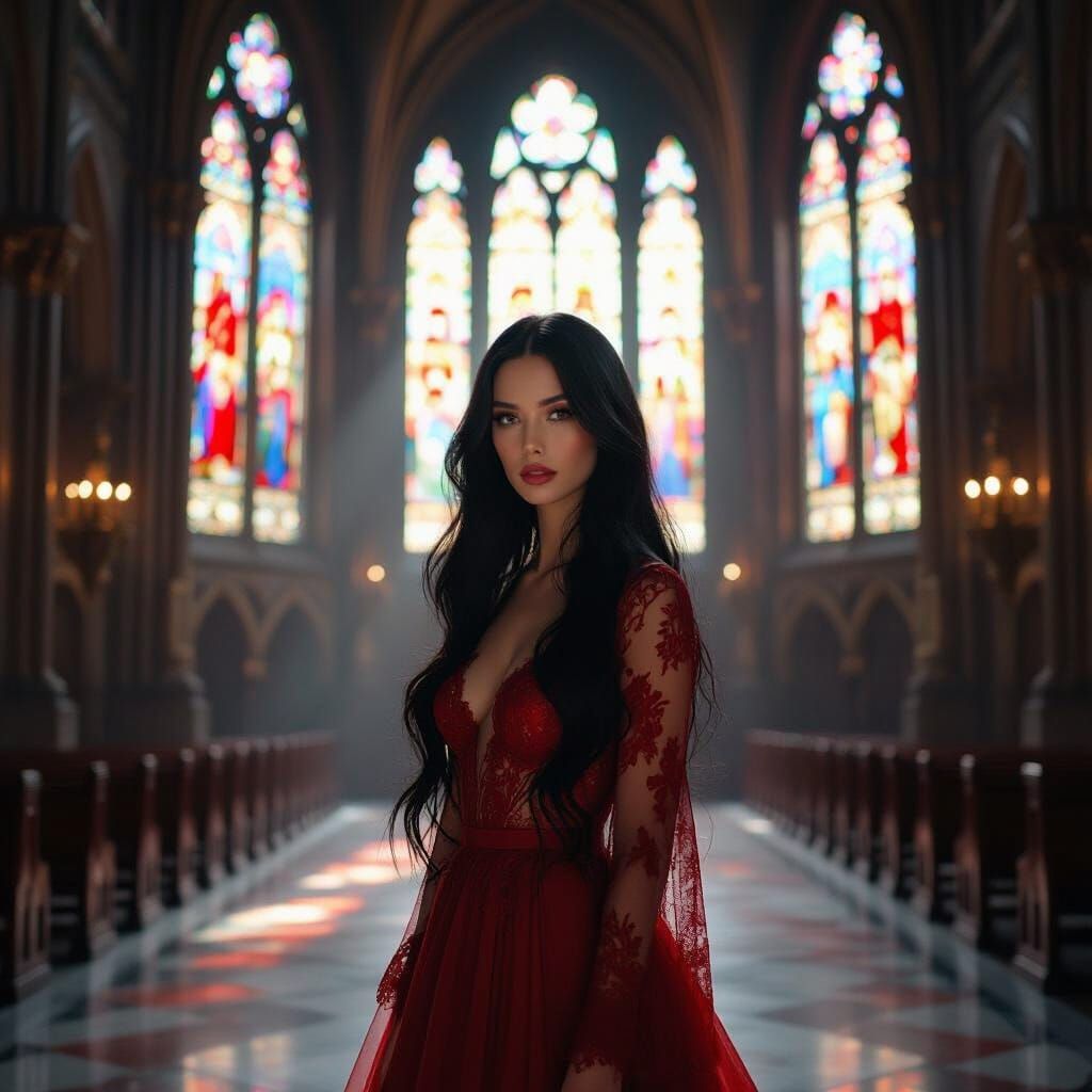Woman in Gothic Cathedral, Cinematic Style
