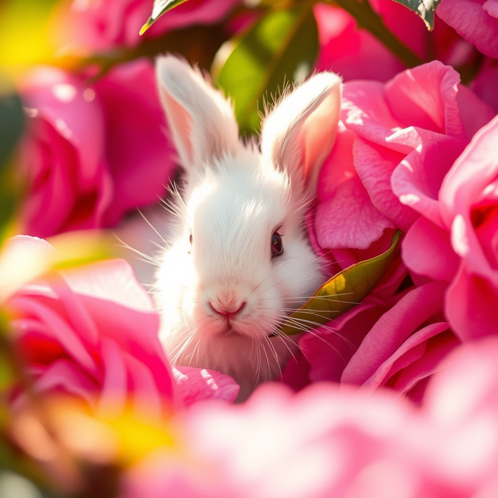 Ethereal White Bunny Hides Amongst Pink Rose Petals