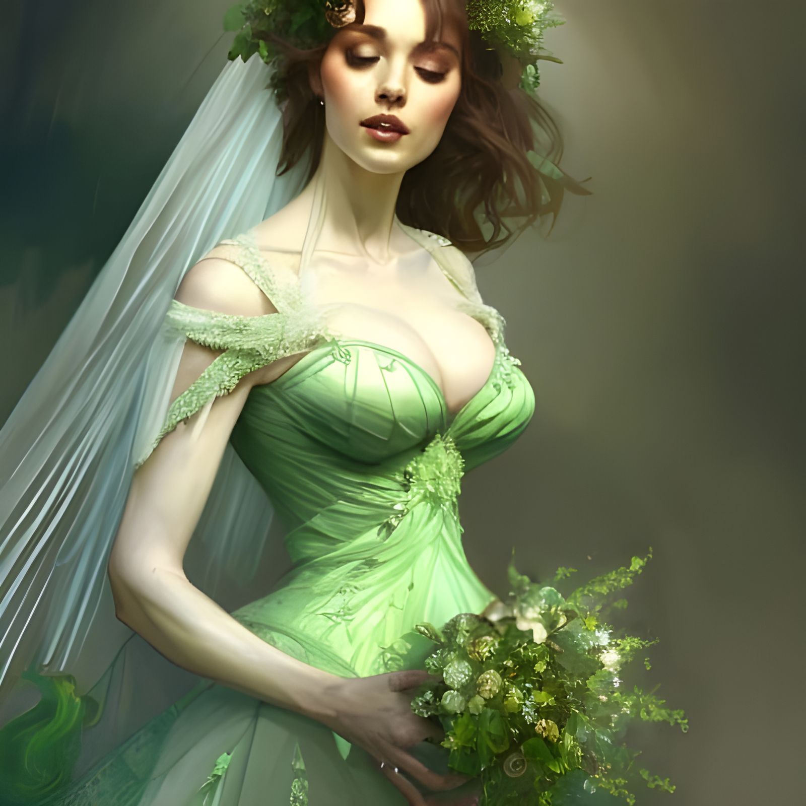 Radiant Bride in Green Dress: Digital Art Portrait
