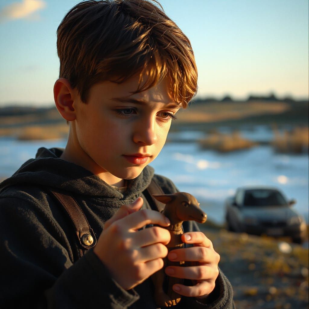 Vibrant Painting of Hopeful Boy Clutching Toy