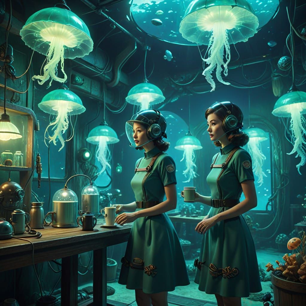 Retro-Futuristic Underwater Village: Sci-Fi Anime Scene
