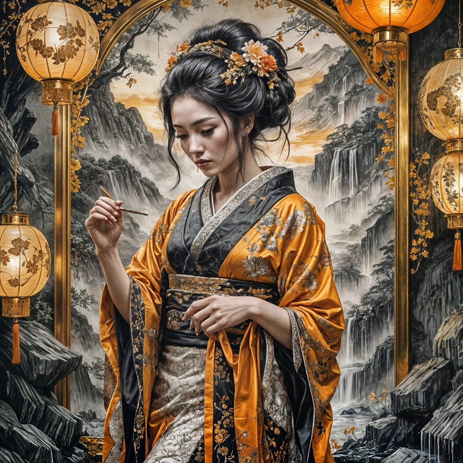 Emotional Geisha with Golden Motifs and Lace Art