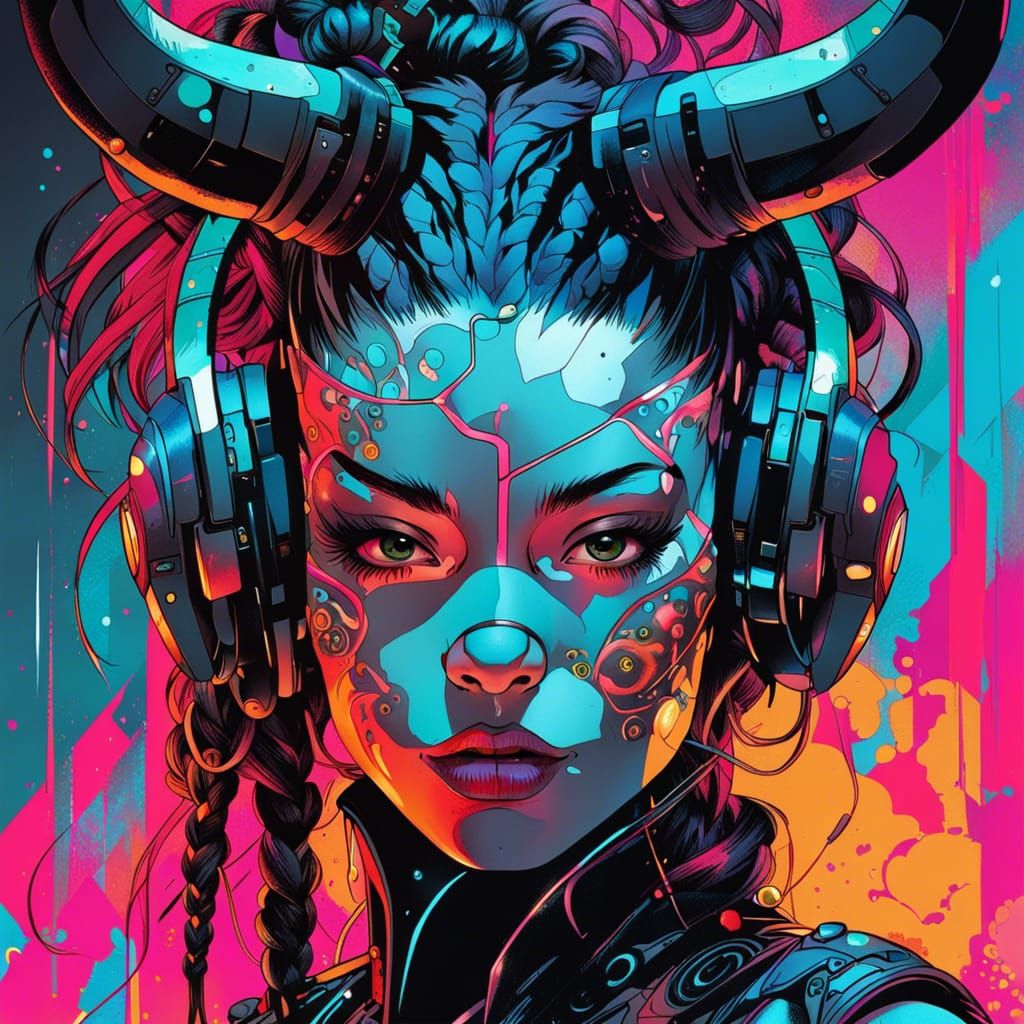 Cyberpunk Cyborg Demoness with Glowing Eyes