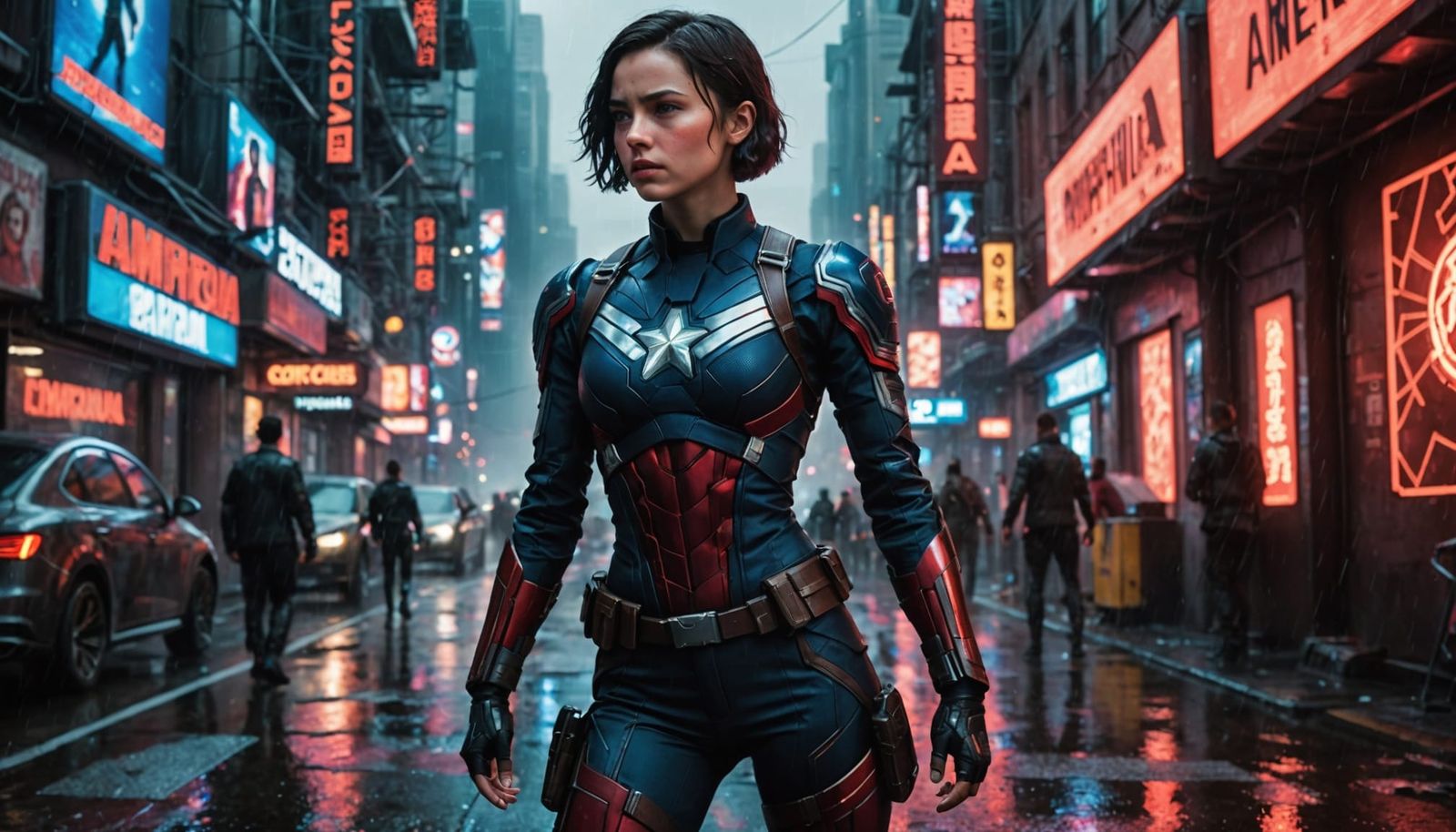 Cyberpunk Captain America in Dystopian City