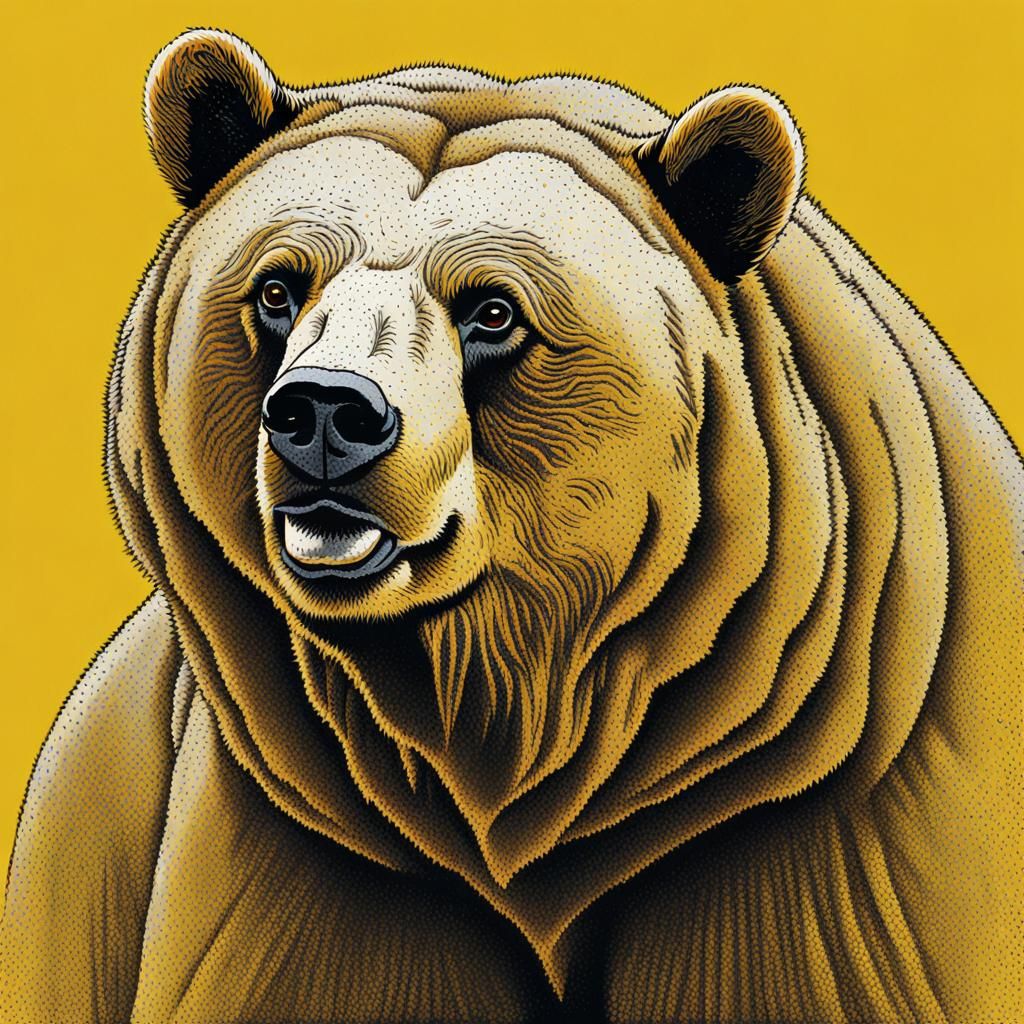 Bear Drawing in Pointillism Style with Yellow Background