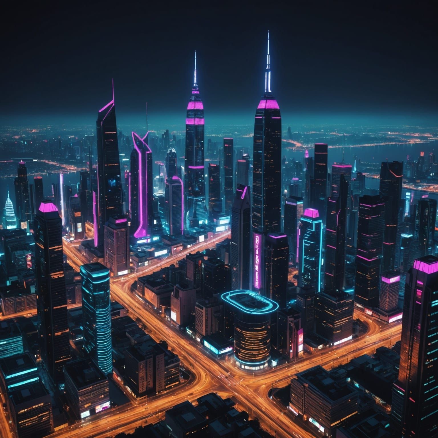 Extraterrestrial Capital City at Night with Neon Lights