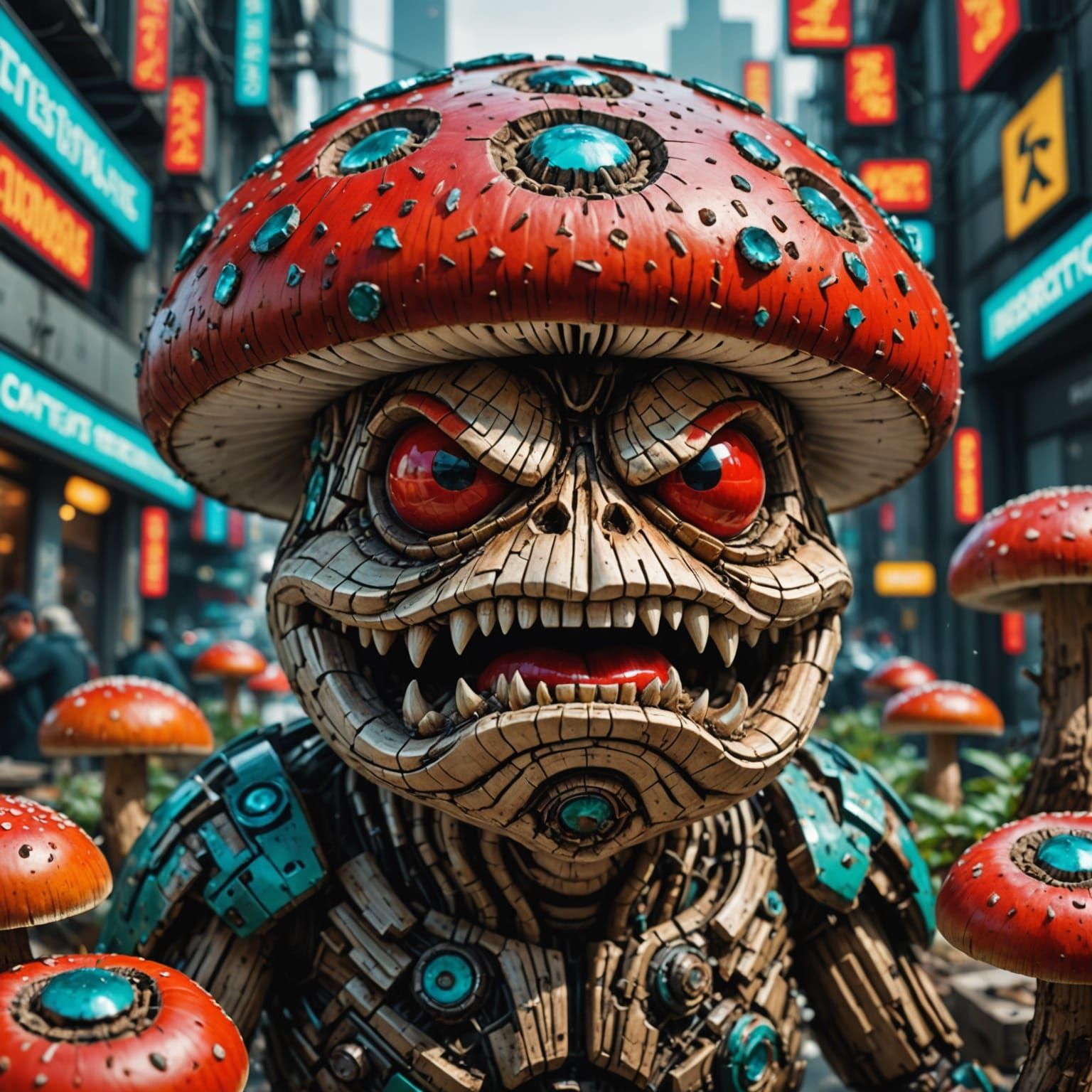Cyberpunk Mushroom Man in Dystopian City