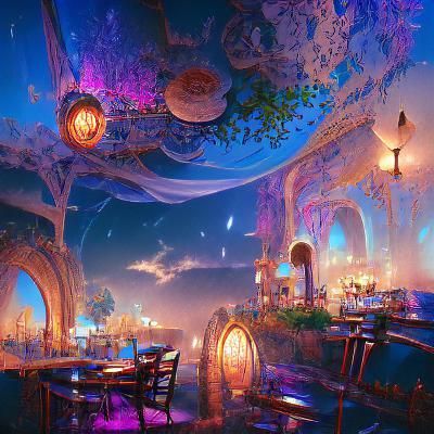 Enchanted Night Cafe in Detailed Matte Painting Style