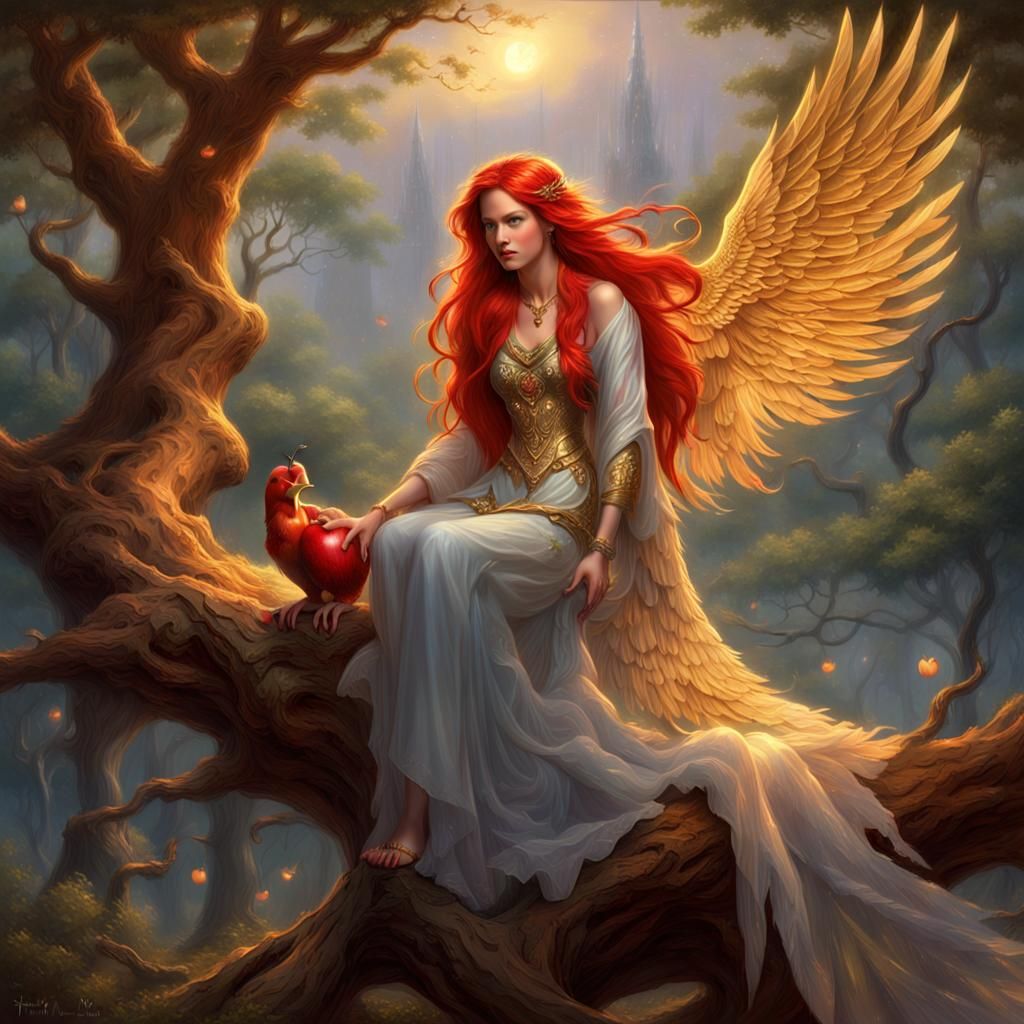 Ethereal Female Phoenix with Golden Dagger
