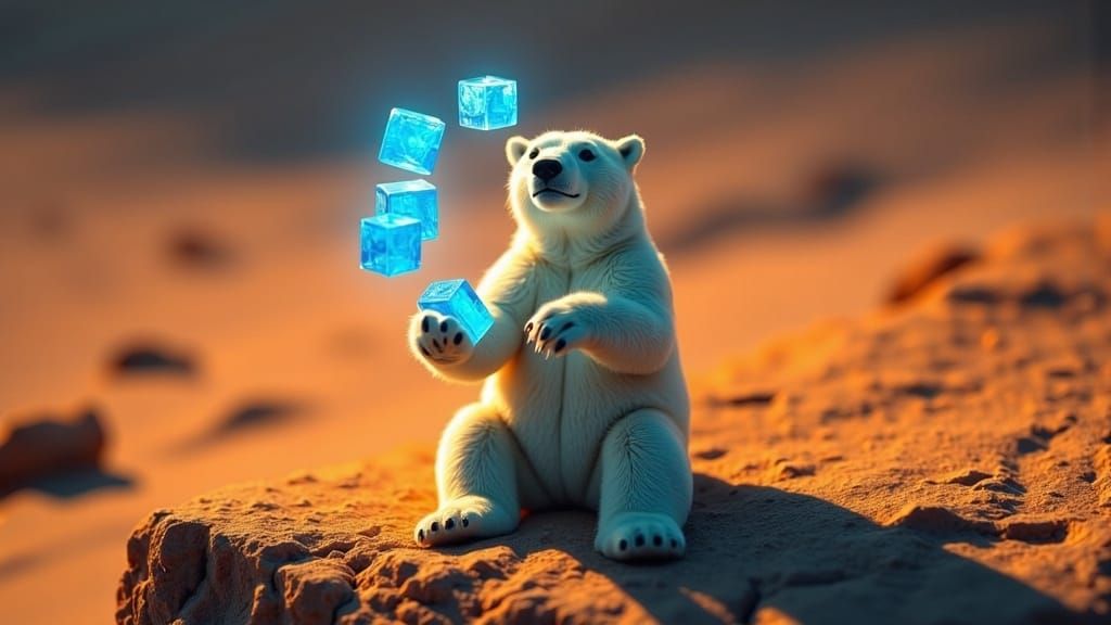 Majestic Polar Bear Dances with Glowing Ice Cubes in a Surre...