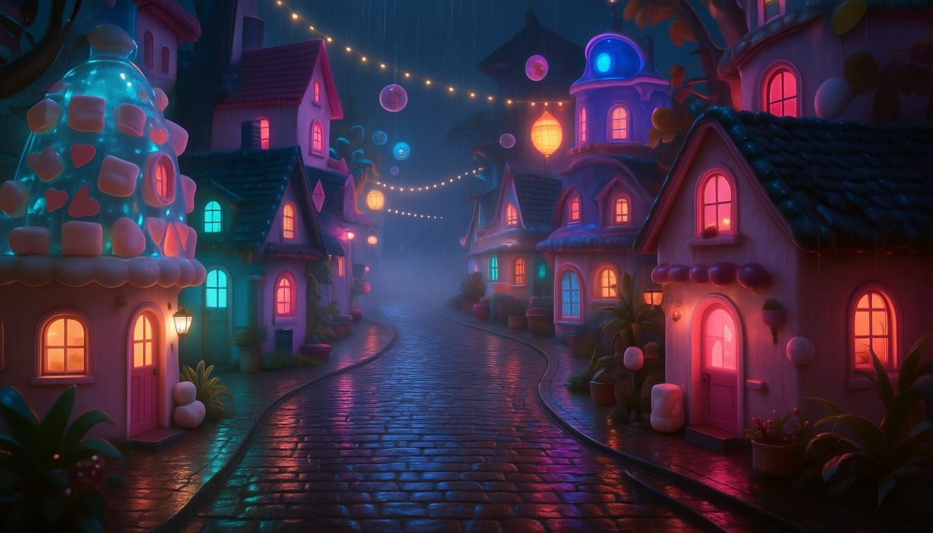 Neon Fairy Town at Night in Cool Neon Palette