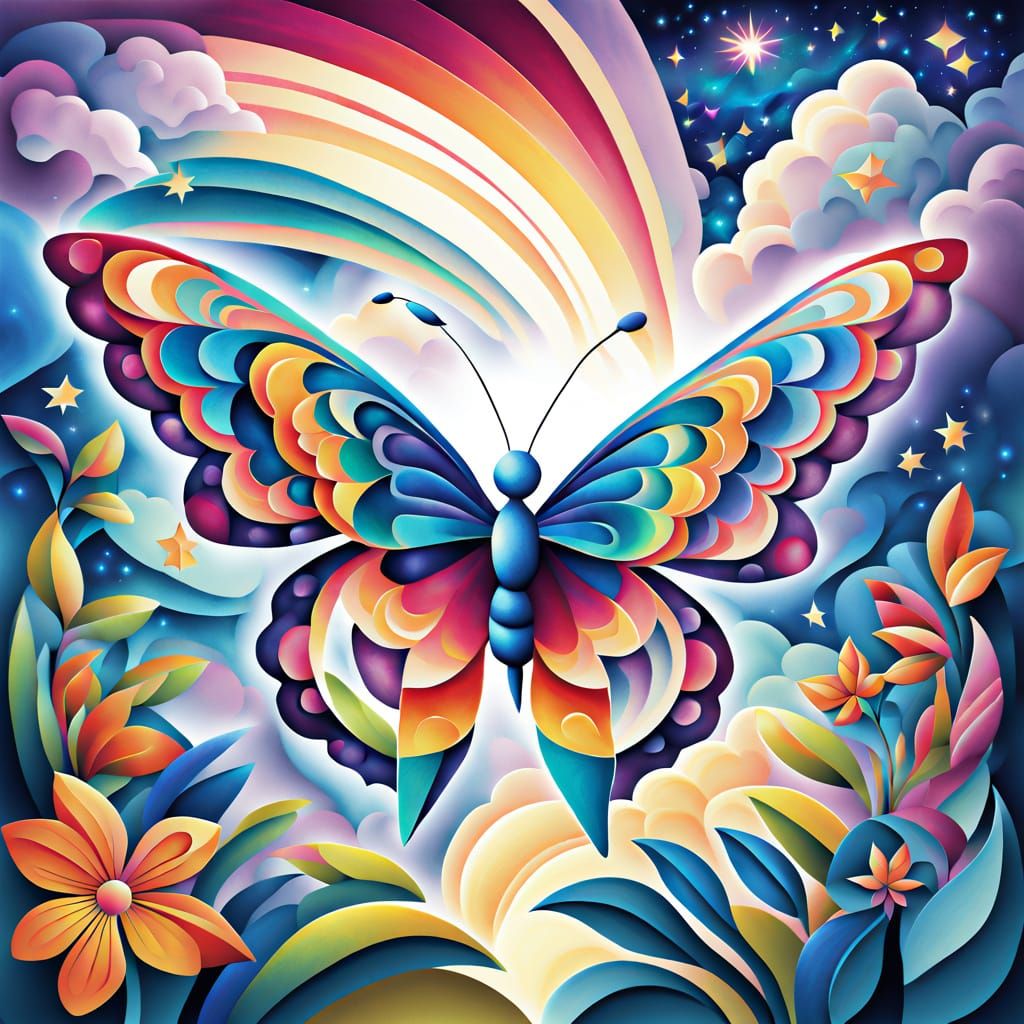 Humanoid Butterfly in Surreal Cubist Garden Dreamscape