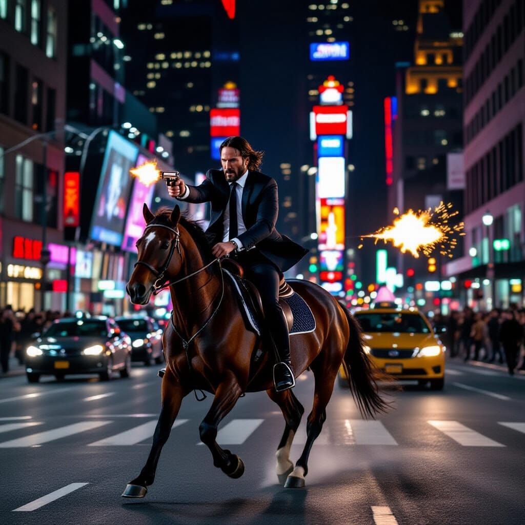 John Wick Rides Horse Through City at Night