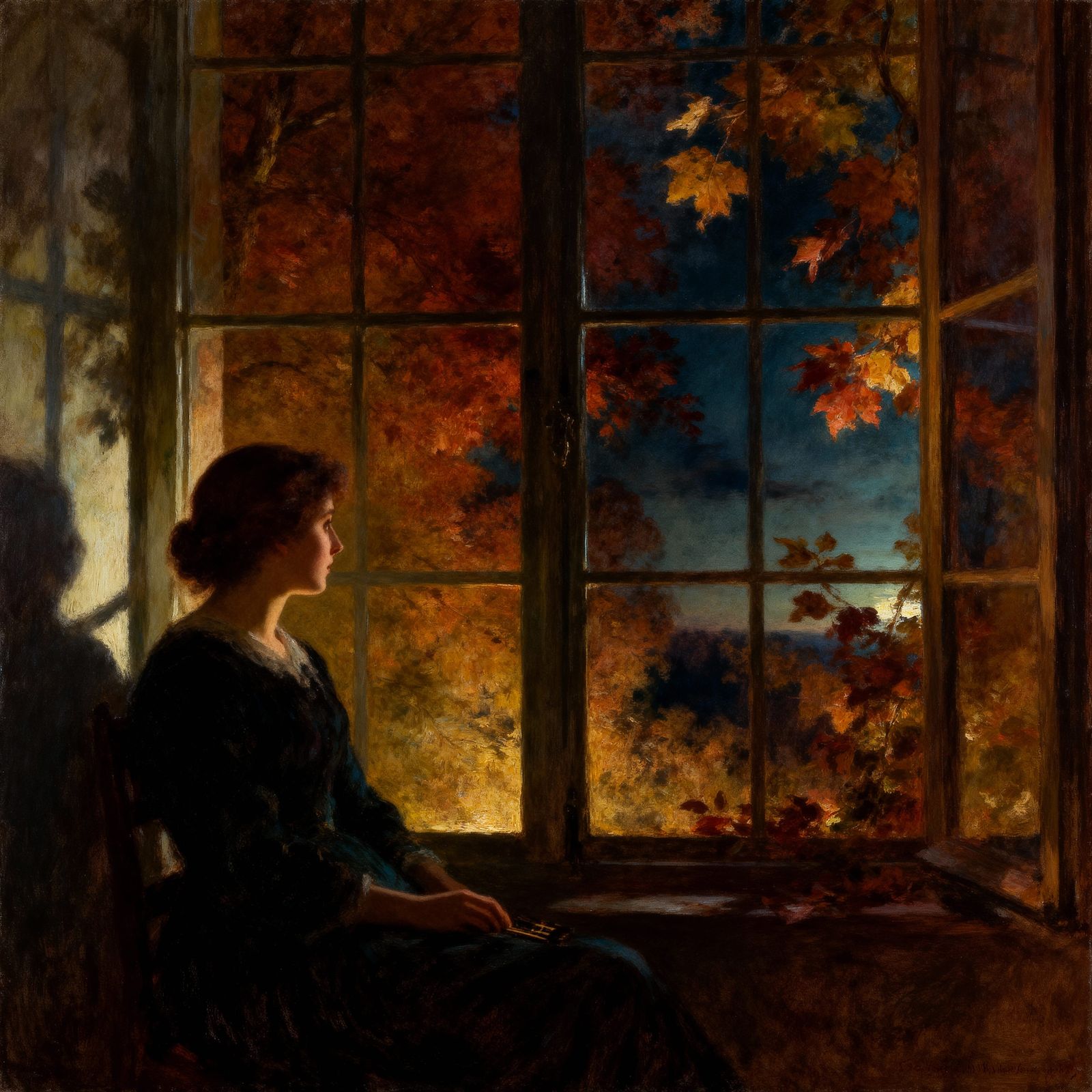 Figure Dreams by Autumn Window in 19th Century Romantic Styl...