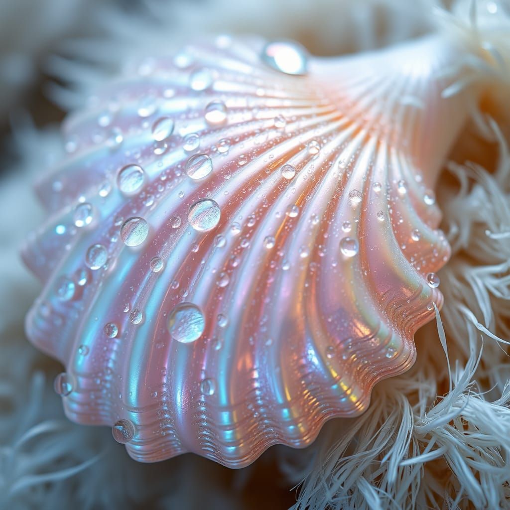 Iridescent Seashell Glistening with Dew