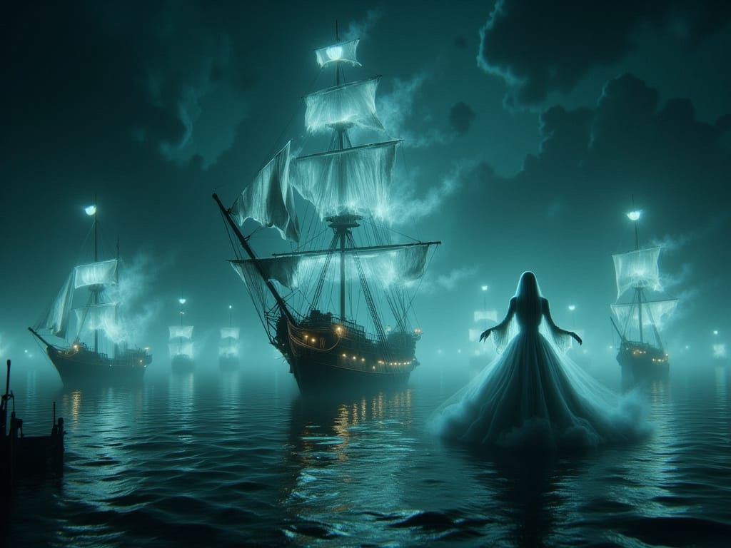 Ethereal Ghost Ships in a Night Harbor