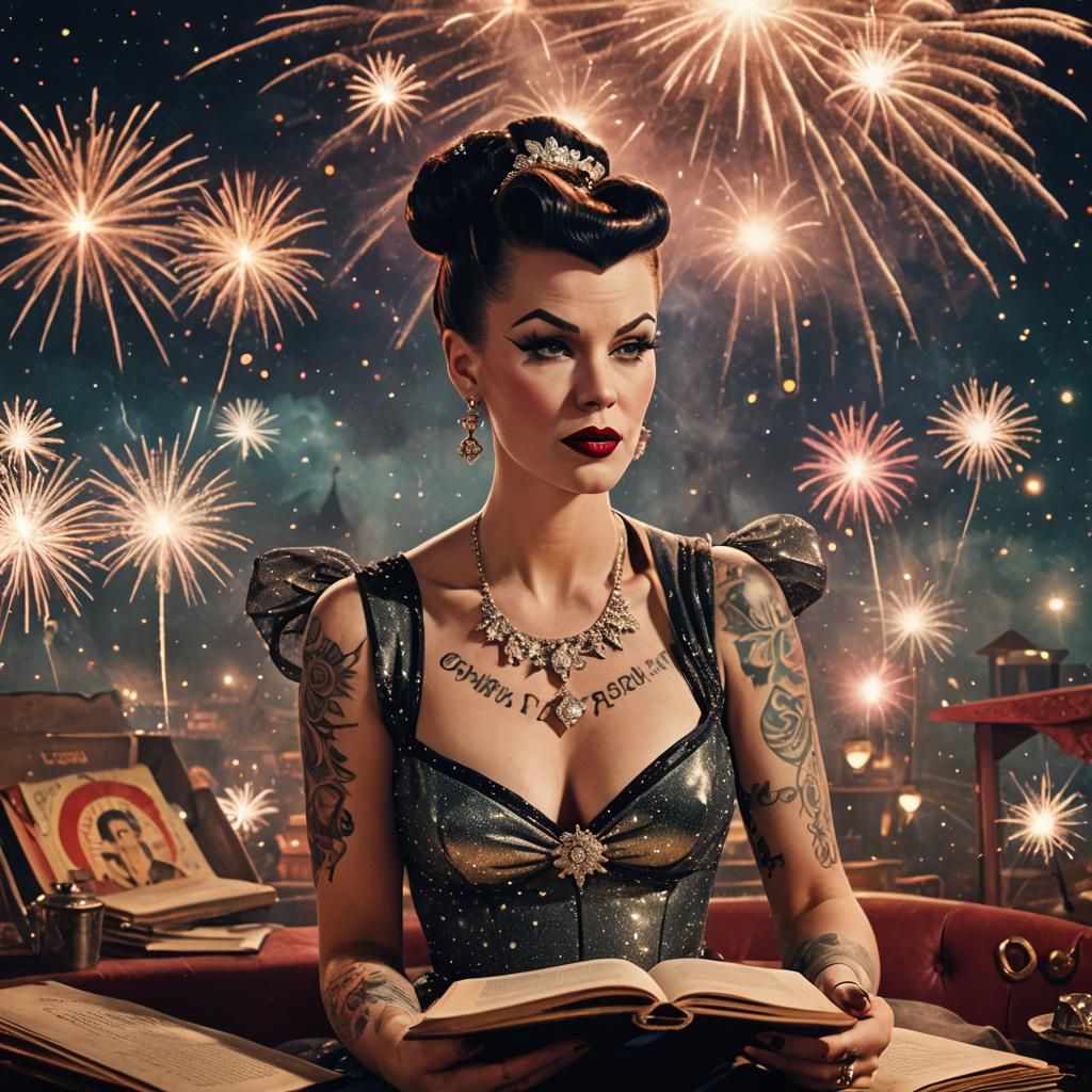 Vintage Circus Pinup Girl Reading Book