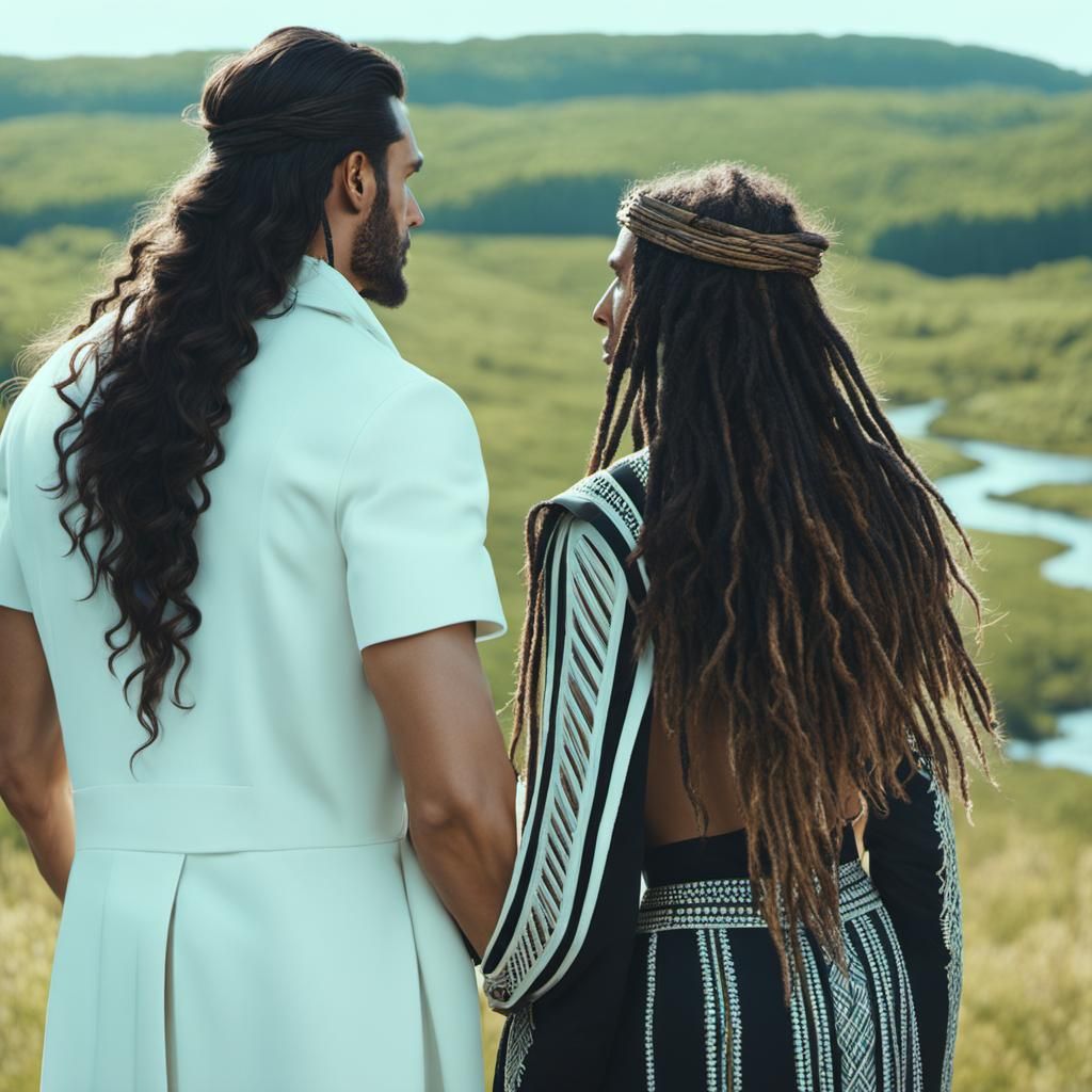 Native American Man and Slavic Woman in 90s Fashion