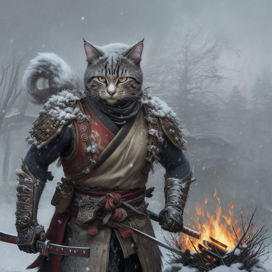 Fierce Feline Samurai Warrior Endures Blizzard Fury