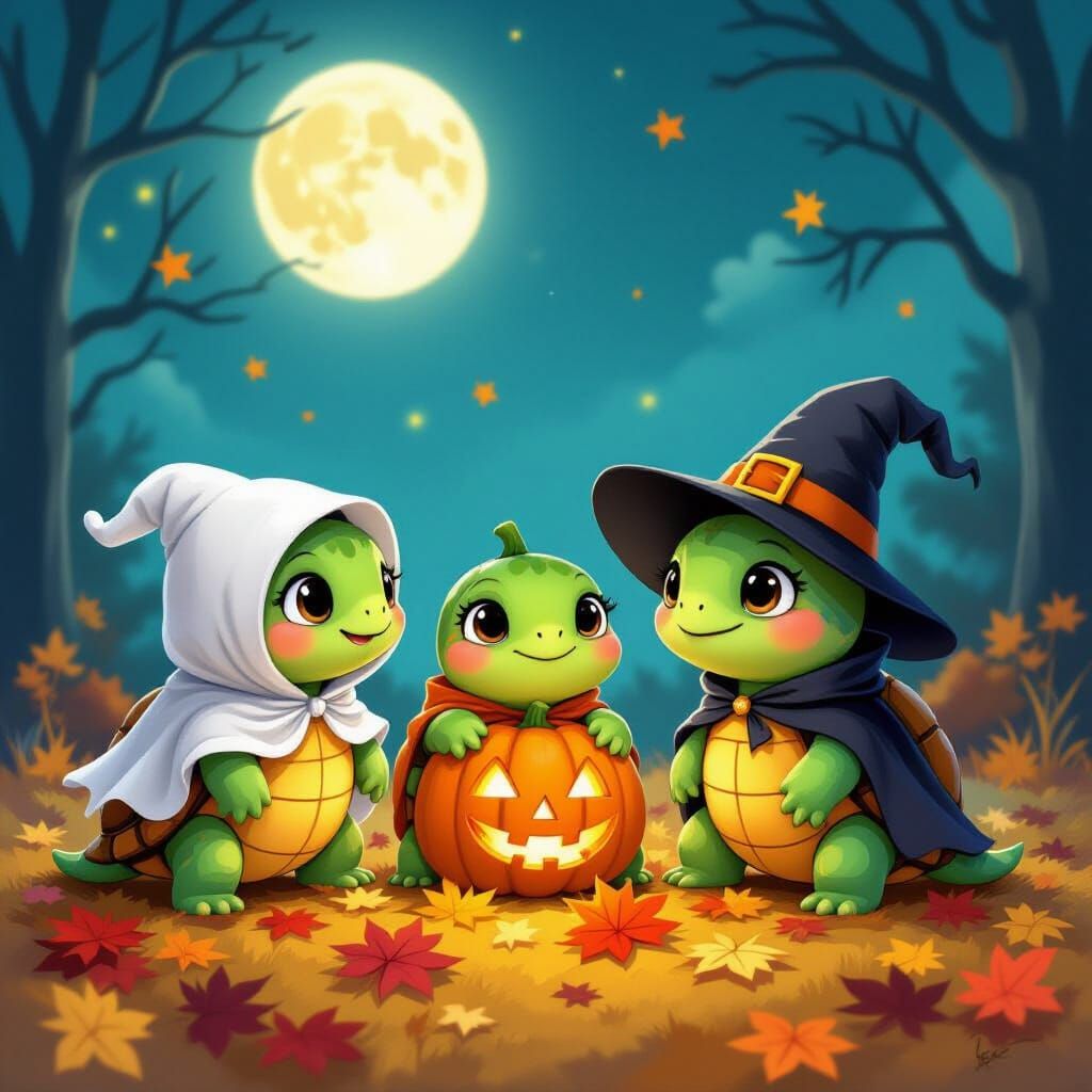 Adorable Turtles in Halloween Costumes on Autumn Leaves