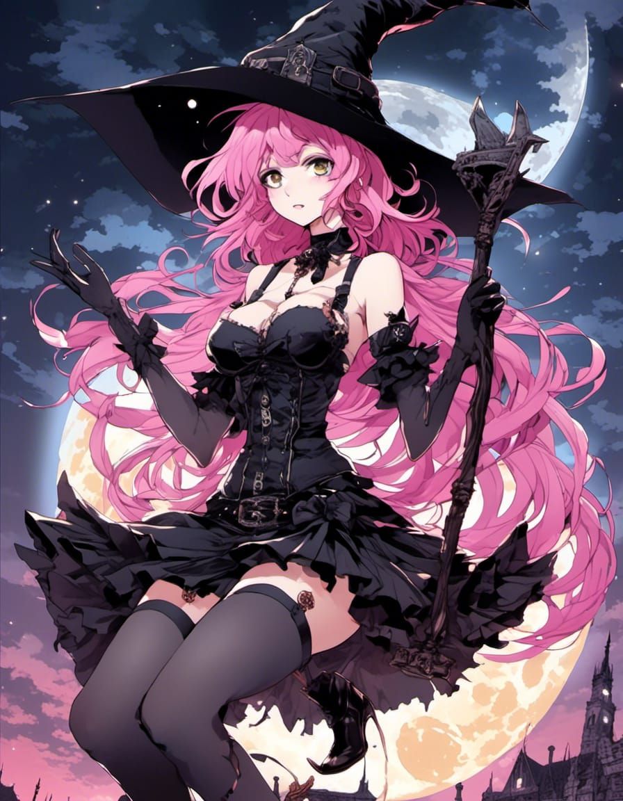 Anime Witch with Glowing Magic and Pink Hair
