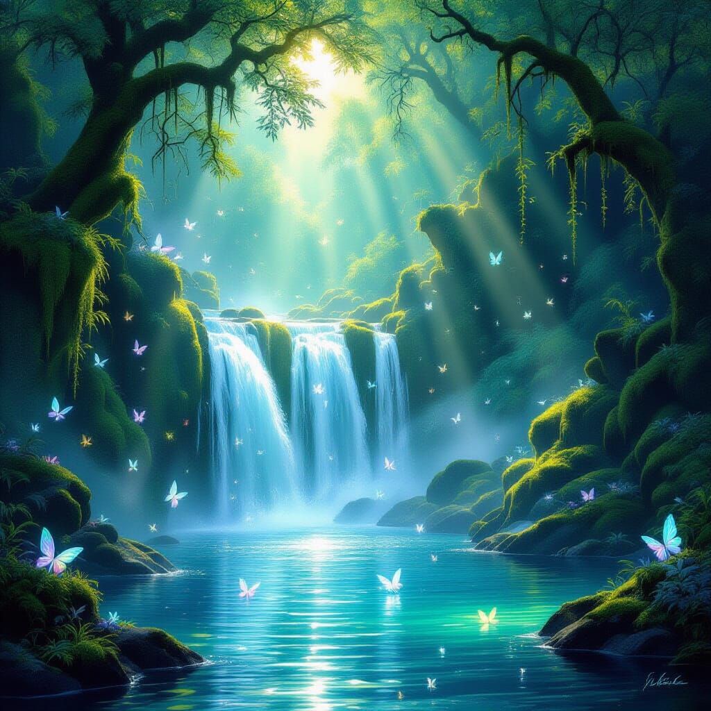 Mystical Waterfall with Fairies in Twilight