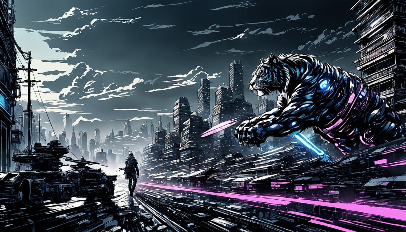 Cyber Tiger Emerges from Chiaroscuro Shadows