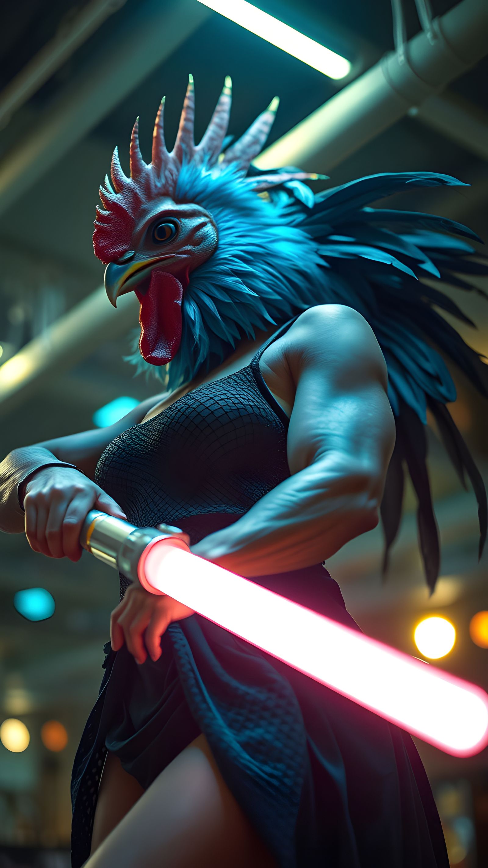 Distorted Polaroid of Blue Female Bodybuilder with Feathers