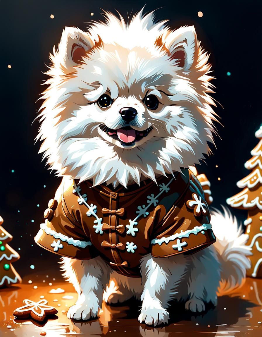 Adorable Pomeranian in Gingerbread Outfit